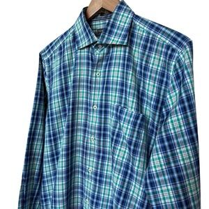 Peter Millar Men's M Blue Plaid Long Sleeve Button-Up Shirt Casual 100% Cotton